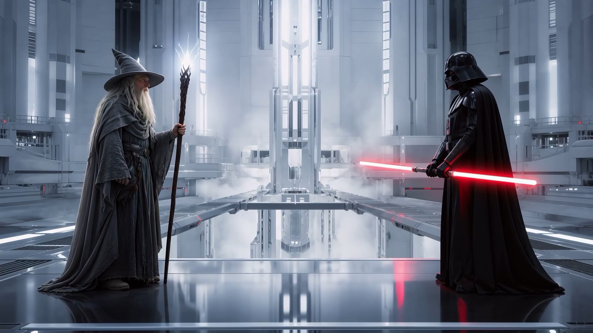 Gandalf and Darth Vader face one another in an imagined crossover film